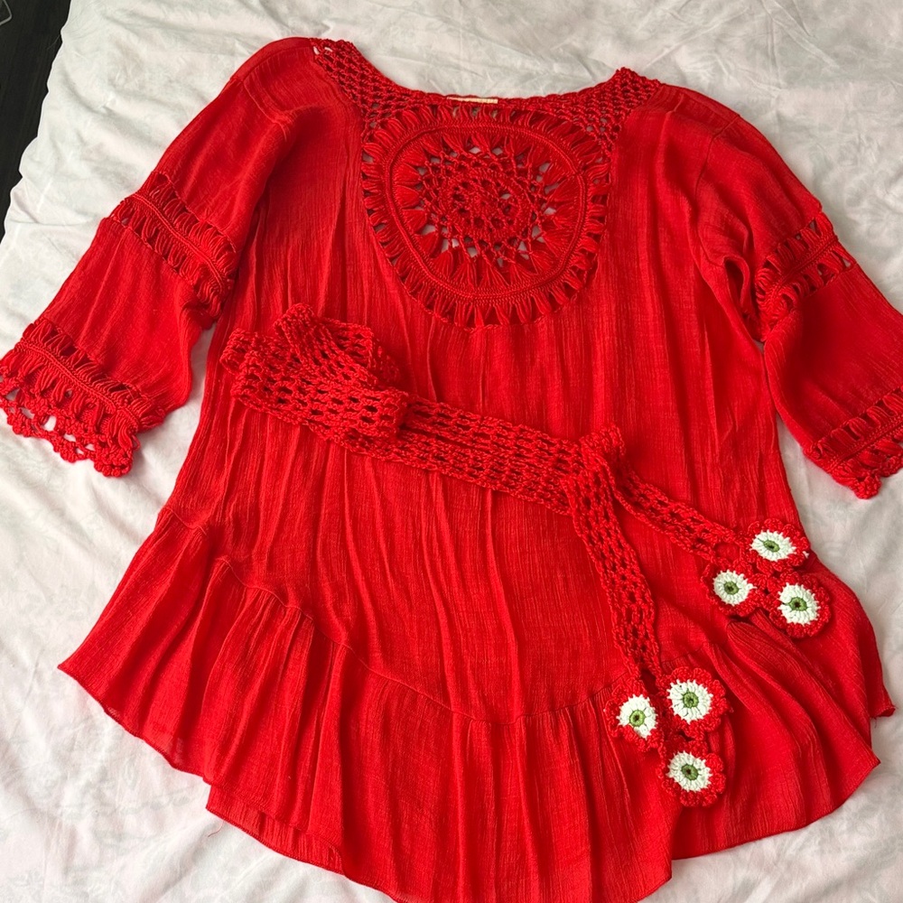 Red Crochet-Accent Peasant Tunic Dress